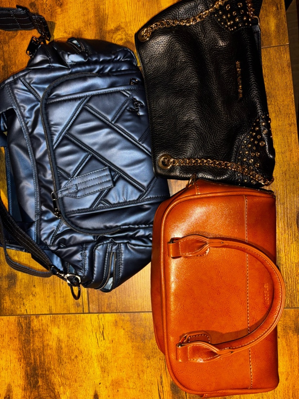 3 Mixed Handbag Lot - Navy Quilted lug, Black Studded Micheal KorsCognac Leather